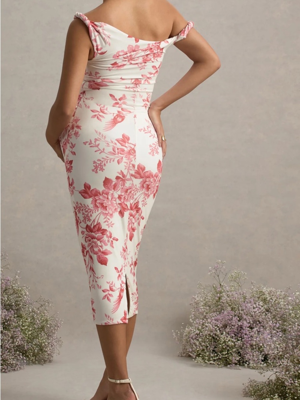 Club L London Cream One-Shoulder Floral Midi Dress with Pink Print - Picture 3 of 3